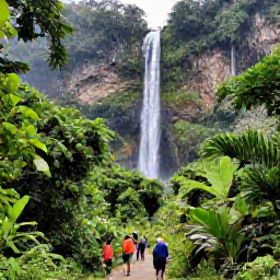 Caribbean Holidays, February Tours, Waterfall and lush green mountain landscape in the Dominican Republic with visitors walking along a forest trail
