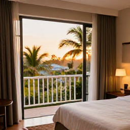 Caribbean Holidays, February Trinidad, Comfortable hotel room in Port of Spain with open balcony, tropical greenery and warm evening light