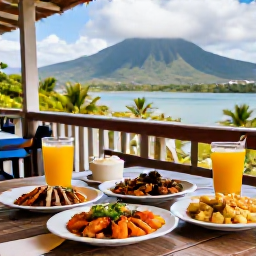 Caribbean Holidays, February Trinidad, Relaxed Port of Spain caf&eacute; terrace with local dishes, fresh juice and views towards the Northern Range