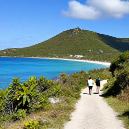 Caribbean Holidays, February Walking, A coastal walking trail on Tortola in February, with turquoise Caribbean water, green hills, sunny skies and a few hikers
