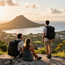 Caribbean Holidays, February Walking, A friendly couple resting at a viewpoint above the Caribbean on Tortola, with walking rucksacks, island scenery and warm afternoon light