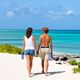 Caribbean Holidays, February Walking, A friendly couple resting with water bottles at a viewpoint overlooking the turquoise Caribbean Sea in Turks and Caicos