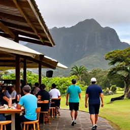 Caribbean Holidays, February Walking, A friendly outdoor caf&eacute; in Montserrat with walkers enjoying local food after a hike, tropical scenery and mountains in the background