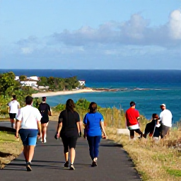 Caribbean Holidays, February Walking, A friendly walking holiday scene in Saint Kitts and Nevis, with walkers resting near a viewpoint above the Caribbean Sea