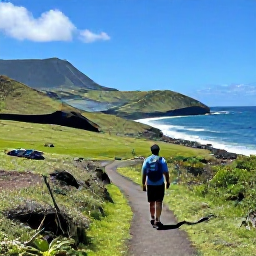 Caribbean Holidays, February Walking, A hiker walking along a green coastal trail on Montserrat in warm February sunshine, with volcanic hills and blue Caribbean sea