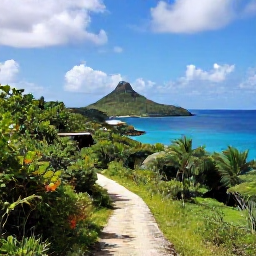 Caribbean Holidays, February Walking, A panoramic viewpoint over Anse du Colombier in Saint Barth&eacute;lemy, with a narrow trail, green vegetation and calm Caribbean water