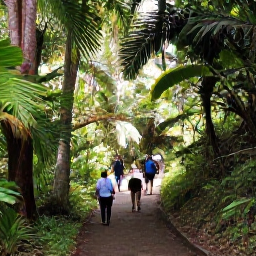 Caribbean Holidays, February Walking, A peaceful forest footpath in Montserrat with tropical vegetation, dappled sunlight and a small group of walkers