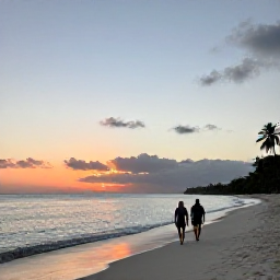 Caribbean Holidays, February Walking, A peaceful sunset over Grace Bay Beach with a couple walking along the shoreline in February