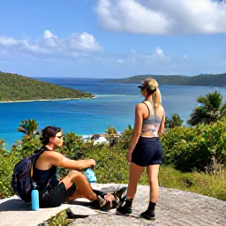 Caribbean Holidays, February Walking, A relaxed hiker resting at a Caribbean viewpoint in the British Virgin Islands, with a water bottle, tropical vegetation and blue sea below
