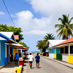 Caribbean Holidays, February Walking, A relaxed Saint Lucia village street near the coast, with colourful houses, local stalls and visitors enjoying warm February weather