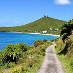 Caribbean Holidays, February Walking, A scenic coastal walking trail on Saint Kitts in February, with green hills, blue Caribbean water and a clear sunny sky