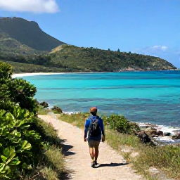 Caribbean Holidays, February Walking, A walker on a quiet Montserrat coastal path above a clear turquoise bay, with tropical hills and February sunshine