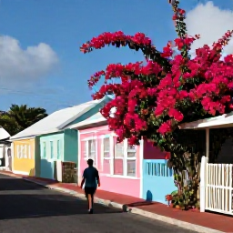 Caribbean Holidays, February Walking, A walker passing colourful Caribbean houses and bougainvillaea on a quiet street in Gustavia, Saint Barth&eacute;lemy