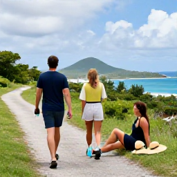 Caribbean Holidays, February Walking, A well-prepared couple resting beside a Saint Barth&eacute;lemy trail with water bottles, sun hats and a view of the Caribbean