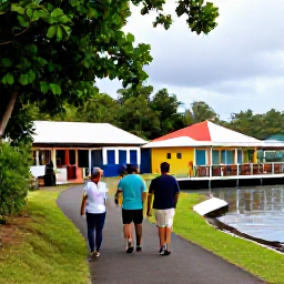 Caribbean Holidays, February Walking, Friendly walkers relaxing at a waterside caf&eacute; in a colourful Saint Lucian village after a day on the trails