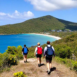 Caribbean Holidays, February Walking, Hikers crossing a scenic ridge on Tortola, looking across forested hills, sandy bays and sailing boats in the British Virgin Islands