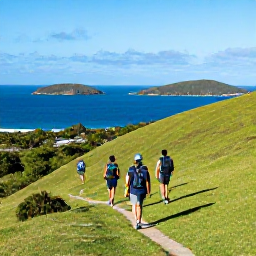 Caribbean Holidays, February Walking, Hikers following a green hillside path on Tortola, looking across Sir Francis Drake Channel towards small Caribbean islands