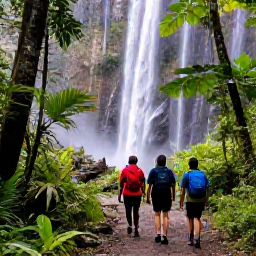 Caribbean Holidays, February Walking, Hikers on a rainforest path beneath waterfalls and tropical trees in El Yunque National Forest, Puerto Rico