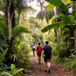 Caribbean Holidays, February Walking, Hikers walking along a lush rainforest trail in Saint Lucia beneath tropical trees, with soft February sunshine