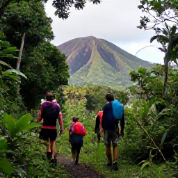 Caribbean Holidays, February Walking, Hikers walking through lush forest on Mount Liamuiga in Saint Kitts, with volcanic slopes and tropical foliage