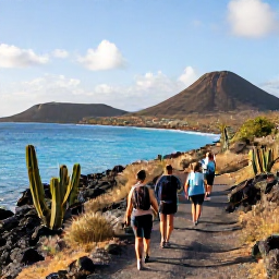 Caribbean Holidays, February Walking Holidays, A bright February morning on Bonaire, with walkers following a coastal trail beside turquoise water, cacti and rugged volcanic scenery