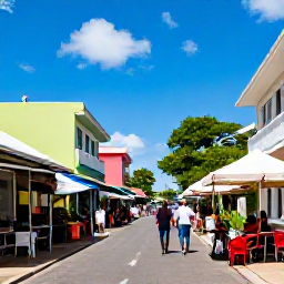 Caribbean Holidays, February Walking Holidays, A colourful street in Marigot with outdoor caf&eacute;s, market stalls and walkers under clear Caribbean skies