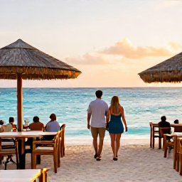 Caribbean Holidays, February Walking Holidays, A couple relaxing at a beachfront caf&eacute; after a coastal walk, with turquoise water and sunset light in Turks and Caicos Islands