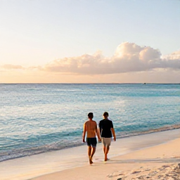 Caribbean Holidays, February Walking Holidays, A couple walking barefoot along Seven Mile Beach at sunrise with calm turquoise sea in Grand Cayman