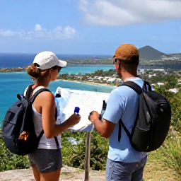 Caribbean Holidays, February Walking Holidays, A friendly couple planning a walking route at a Saint Martin viewpoint, with a map, water bottles and panoramic Caribbean scenery