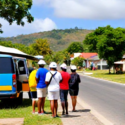 Caribbean Holidays, February Walking Holidays, A friendly group of walkers enjoying a roadside stop near a Caribbean village in Trinidad and Tobago, with local food and tropical scenery