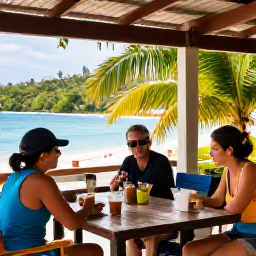 Caribbean Holidays, February Walking Holidays, A friendly island caf&eacute; terrace with walkers enjoying refreshments after a tropical hike