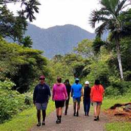 Caribbean Holidays, February Walking Holidays, A guided group hiking through lush rainforest near Maracas Valley, Trinidad, with waterfalls and mountains in the background