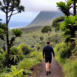 Caribbean Holidays, February Walking Holidays, A local guide leading visitors along a Montserrat trail, with tropical forest, volcanic slopes and the Caribbean coastline nearby