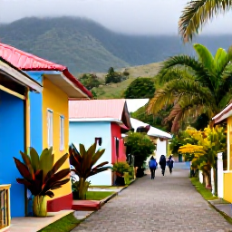 Caribbean Holidays, February Walking Holidays, A peaceful Montserrat village scene in February, with colourful houses, tropical plants and walkers enjoying the island atmosphere