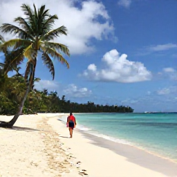 Caribbean Holidays, February Walking Holidays, A quiet Caribbean beach with a walking traveller, palm trees and calm blue water in February