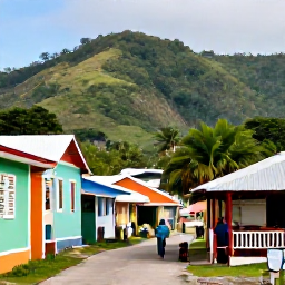 Caribbean Holidays, February Walking Holidays, A quiet Caribbean village beside a walking route, with colourful houses, local people, a small caf&eacute; and tropical hills in the background