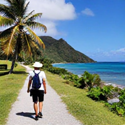 Caribbean Holidays, February Walking Holidays, A scenic Caribbean coastal walking trail in February, with turquoise sea, green hills, palm trees and warm sunshine