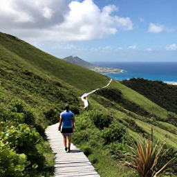 Caribbean Holidays, February Walking Holidays, A scenic hiking trail through green hillside vegetation overlooking Saint Martin's coastline