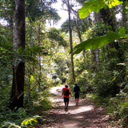 Caribbean Holidays, February Walking Holidays, A scenic rainforest trail in the Main Ridge Forest Reserve in Tobago, with hikers beneath tall trees and filtered sunlight