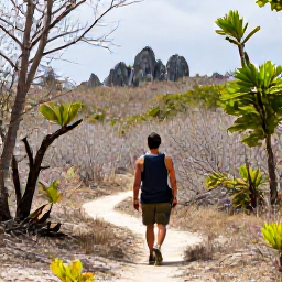Caribbean Holidays, February Walking Holidays, A traveller walking through dry tropical woodland with native plants and limestone scenery on North Caicos, Turks and Caicos Islands