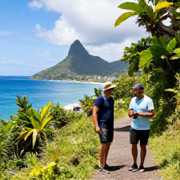 Caribbean Holidays, February Walking Holidays, Friendly local guide talking with walkers beside a Caribbean trail on Saint Vincent, with tropical scenery and sea views