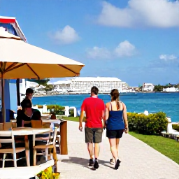 Caribbean Holidays, February Walking Holidays, Friendly walkers enjoying an outdoor caf&eacute; and colourful waterfront in George Town, Grand Cayman