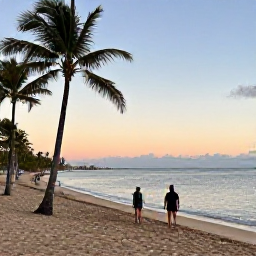 Caribbean Holidays, February Walking Holidays, Happy walkers relaxing at a Puerto Rico beach at sunset after a day of hiking, with palm trees and calm Caribbean water