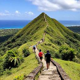 Caribbean Holidays, February Walking Holidays, Hikers ascending a green mountain trail on Saba, with tropical forest, stone steps and a sweeping ocean view