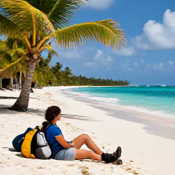 Caribbean Holidays, February Walking Holidays, Hikers resting on a Caribbean beach after a morning walk, with walking boots, backpacks, palm trees and clear blue water