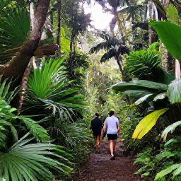 Caribbean Holidays, February Walking Holidays, Hikers walking along a green mountain trail in El Yunque National Forest, Puerto Rico, with tropical foliage and soft February sunlight