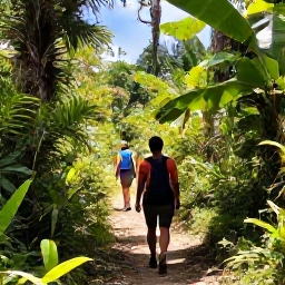 Caribbean Holidays, February Walking Holidays, Hikers walking through lush rainforest on Trinidad, with tropical foliage, a clear trail and warm February sunlight