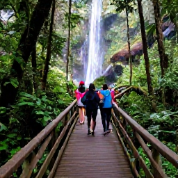 Caribbean Holidays, February Walking Holidays, Misty rainforest trail beside a waterfall in El Yunque National Forest, Puerto Rico, with walkers crossing a wooden footbridge