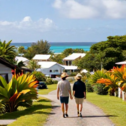 Caribbean Holidays, February Walking Holidays, Travellers relaxing after a Caribbean walk in February, with a quiet island village, tropical plants and sea views