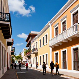 Caribbean Holidays, February Walking Holidays, Visitors walking through colourful Old San Juan streets in Puerto Rico, with colonial buildings, balconies and a sunny historic plaza